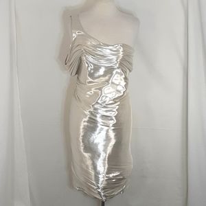 Christian cota silver one-shoulder silk dress size 6